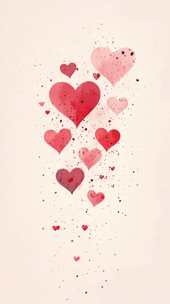 Here's a description of the image:

The image is a delicate watercolor-style depiction of hearts cascading down a pale beige background.  Various sizes of hearts, ranging from light pink to deep red, are scattered, creating a romantic and whimsical feel.  Tiny red speckles surround the hearts, suggesting a playful scattering of confetti or a light dusting of pigment. The largest hearts are centrally located, with smaller hearts decreasing in size as they drift downwards.  The overall effect is airy and suggestive of love and affection.