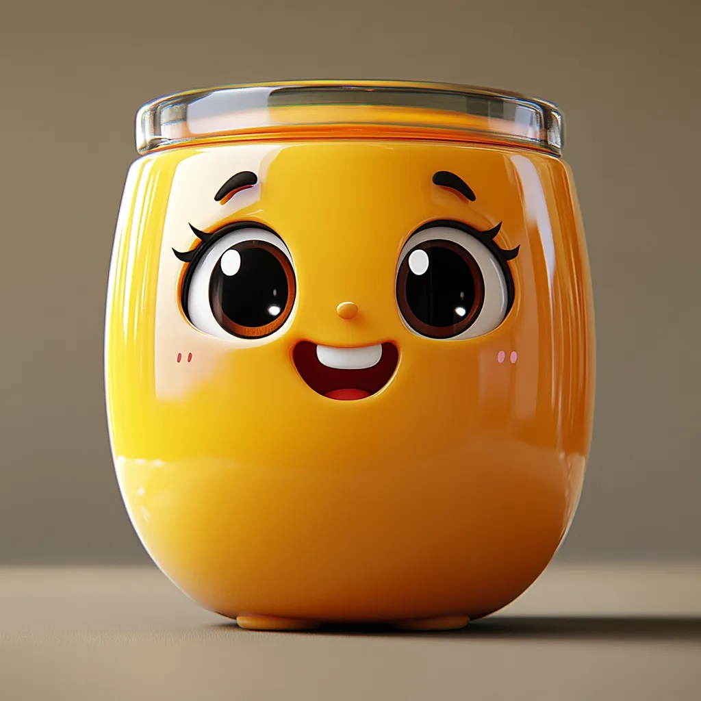 Here's a description of the image:

The image shows a cheerful, cartoonish rendering of a yellow jar or container.  It's shaped like a rounded egg with a glass lid.  The jar has a large, happy face with big, expressive eyes, a wide smile, and rosy cheeks, giving it a cute and friendly appearance. The overall style is playful and 3D-rendered, suggesting it could be a character in a children's animation or a product design. The background is a simple, muted brown.