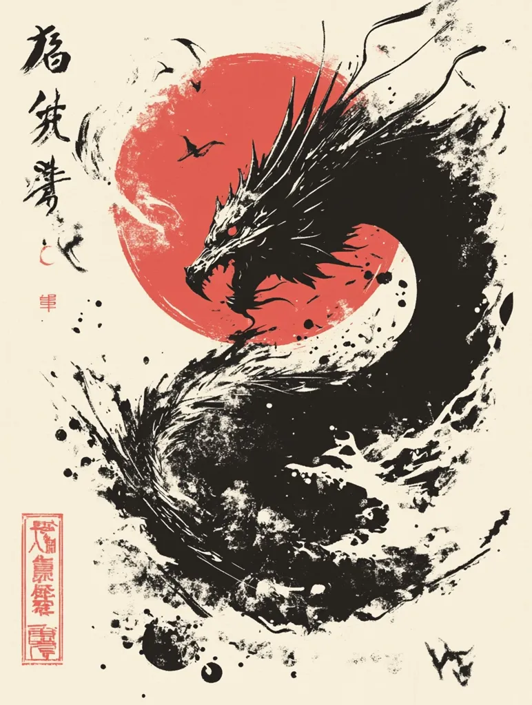 The image is a stylized depiction of a black dragon, rendered in a style reminiscent of Japanese ink painting (sumi-e). The dragon's body curves dramatically, its form partially obscured by swirling black ink suggesting water or movement. A large, red sun or rising sun is positioned behind the dragon's head, adding a dramatic backdrop.  Japanese characters are included, likely adding context or a title. The overall effect is powerful and evokes a sense of dynamism and mythical power.