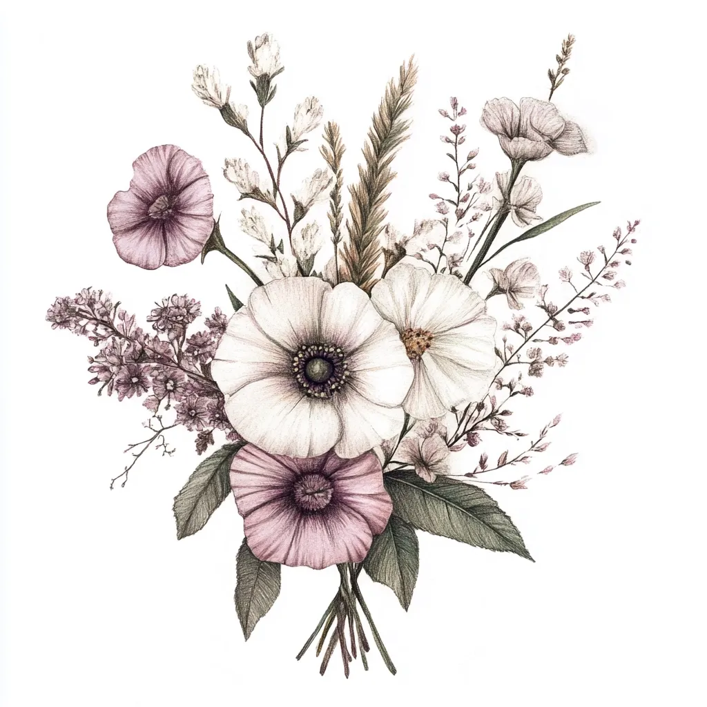 This exquisite botanical illustration showcases a meticulously rendered bouquet. The arrangement features a mix of flowers in muted mauve and creamy white tones, including prominent anemone-like blooms, delicate smaller blossoms, and slender sprigs of varying textures. The style is reminiscent of detailed pencil or colored pencil drawings, capturing subtle shading and texture. The overall aesthetic is romantic and slightly rustic, suggesting a delicate wildflower gathering.