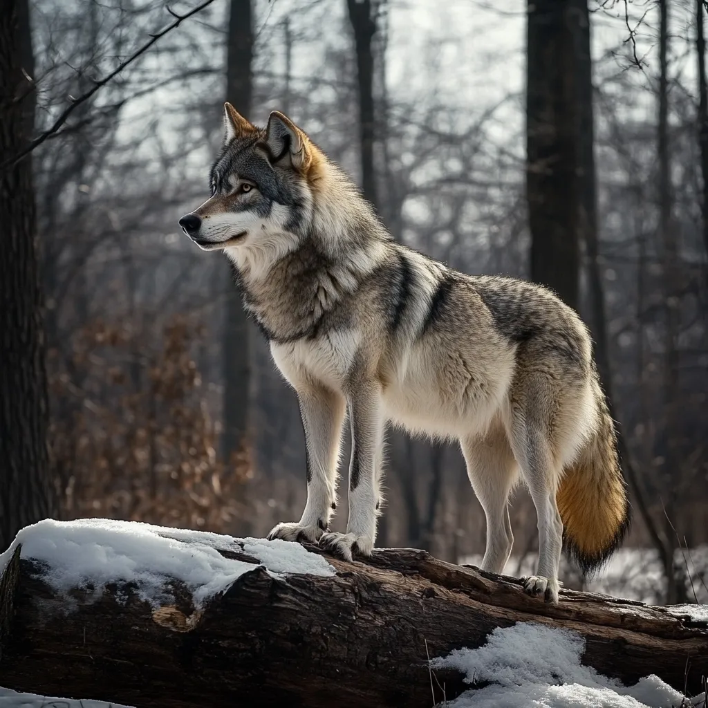 A majestic gray wolf stands alertly on a snow-covered log in a winter forest.  Its fur is a blend of gray, brown, and white, with a distinctive tan-tipped tail. The wolf's gaze is directed to the left, its expression watchful and intense. The background is a blurred but detailed depiction of leafless trees, suggesting a cold and serene environment.  The scene is peaceful yet conveys the wolf's wild nature.