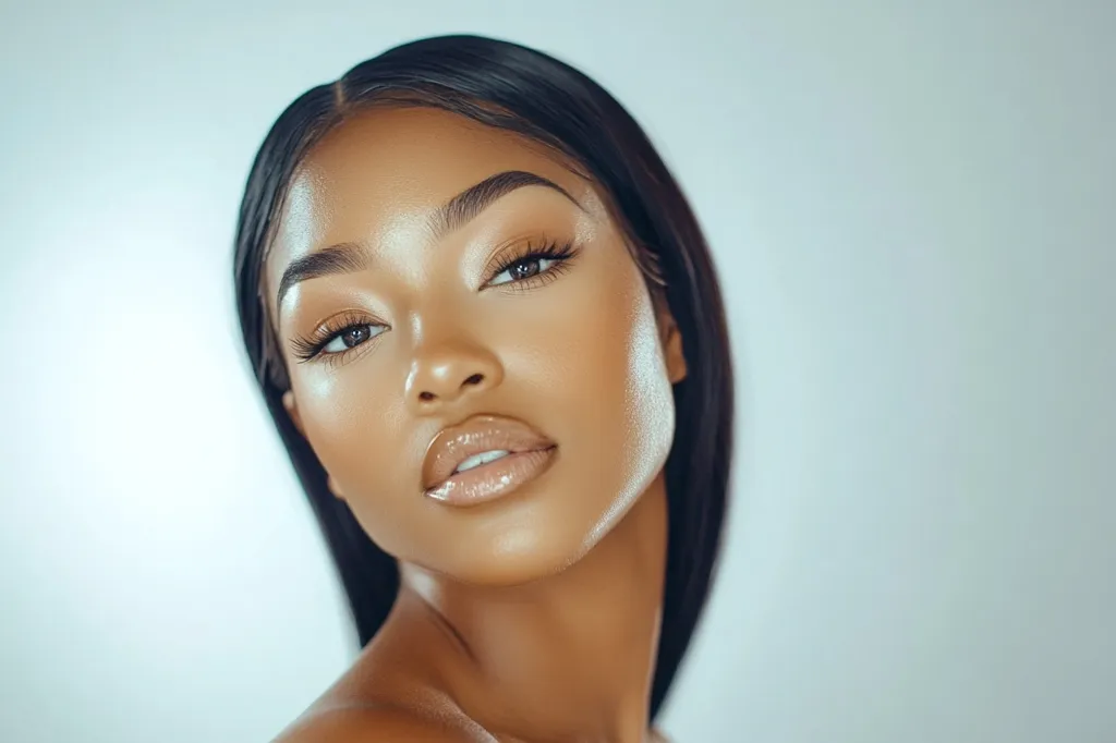 Close-up portrait of a young woman with dark brown skin and long, straight black hair.  She has meticulously applied makeup, featuring defined brows, long lashes, and a glossy nude lip.  Her skin appears luminous and healthy.  The background is a soft, light blue, drawing focus to the model's face and shoulders.  The overall mood is one of beauty and elegance.