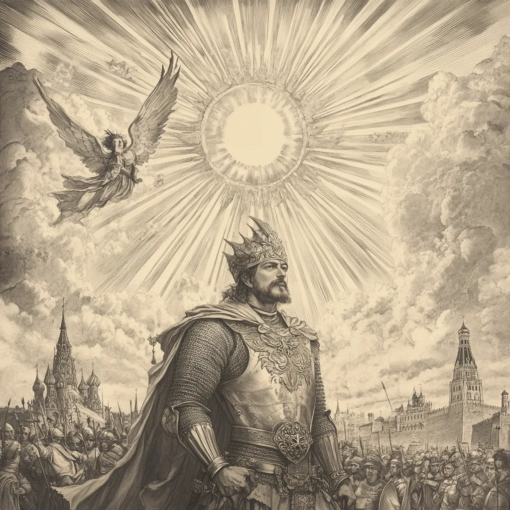 A monochromatic illustration depicts a crowned king, clad in ornate armor, standing before a radiant sun.  An angel ascends towards the celestial light in the upper left.  The king is positioned centrally, his gaze directed upwards, suggesting divine connection. In the background, a sprawling city, possibly Moscow, with its iconic architecture, is visible behind a mass of soldiers. The style is reminiscent of historical engravings or etchings, conveying a sense of power and religious devotion.