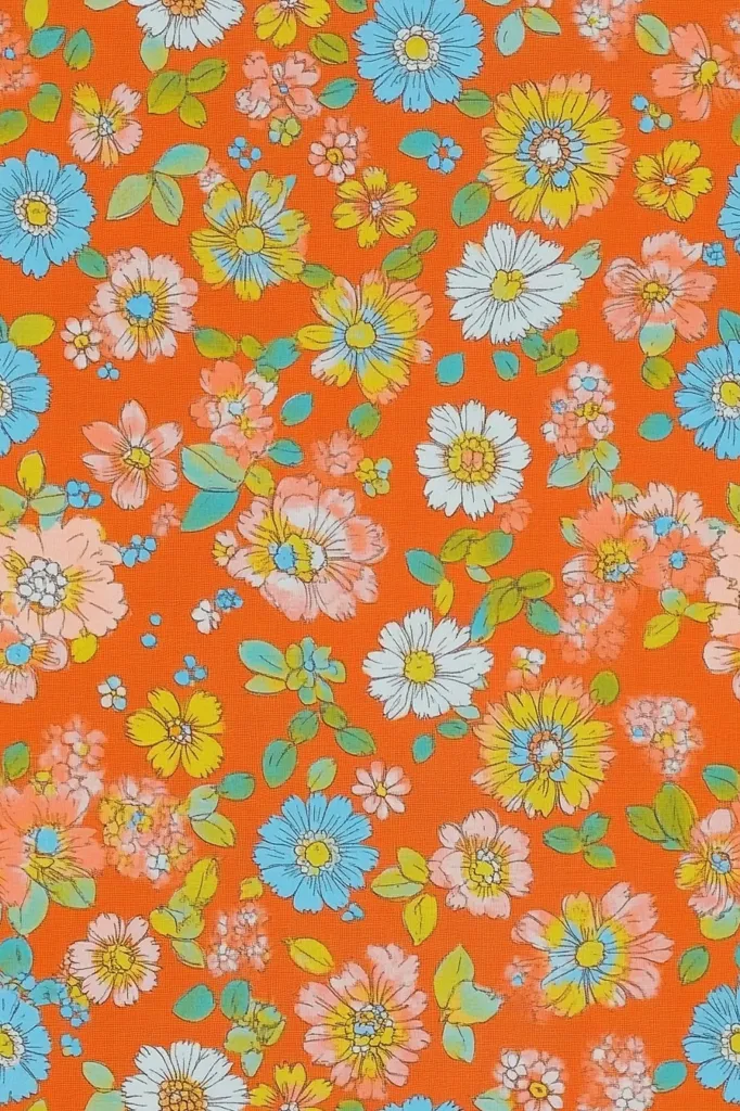 This image shows a vibrant textile pattern featuring a profusion of flowers on a bright orange background.  The floral design is a retro style, with a mix of daisies and smaller blossoms in shades of pink, yellow, light blue, and white.  The flowers are rendered in a slightly blurred, painterly style, giving a soft, whimsical feel.  The green leaves are simple and stylized, complementing the cheerful color palette of the overall design. The pattern is dense and evenly distributed, creating a lively and energetic surface.