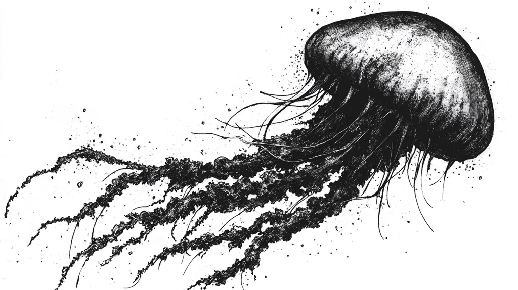 Here's a description of the image:

The image is a black and white ink drawing of a jellyfish. The jellyfish is depicted in great detail, with its bell rendered with textured shading to show depth and form. Its tentacles trail downwards, long and numerous, appearing somewhat spiky and almost ink-splattered in their depiction. The style is expressive and slightly abstract, with some ink splatters and shading around the jellyfish adding to the artistic effect, contrasting the precision of the jellyfish itself. The background is stark white, allowing the black jellyfish to stand out prominently. The overall mood is dark, somewhat ominous, yet also artistic and visually striking.