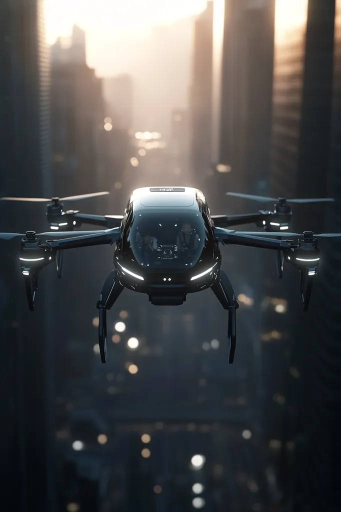 A futuristic, black autonomous aerial vehicle, resembling a car-shaped drone, flies through a blurred cityscape at sunrise.  Two occupants are visible inside the transparent cabin. The drone's sleek design and multi-rotor configuration suggest advanced technology. The background's out-of-focus buildings and warm light create a dynamic contrast with the sharp focus on the vehicle, highlighting its modern aesthetics.