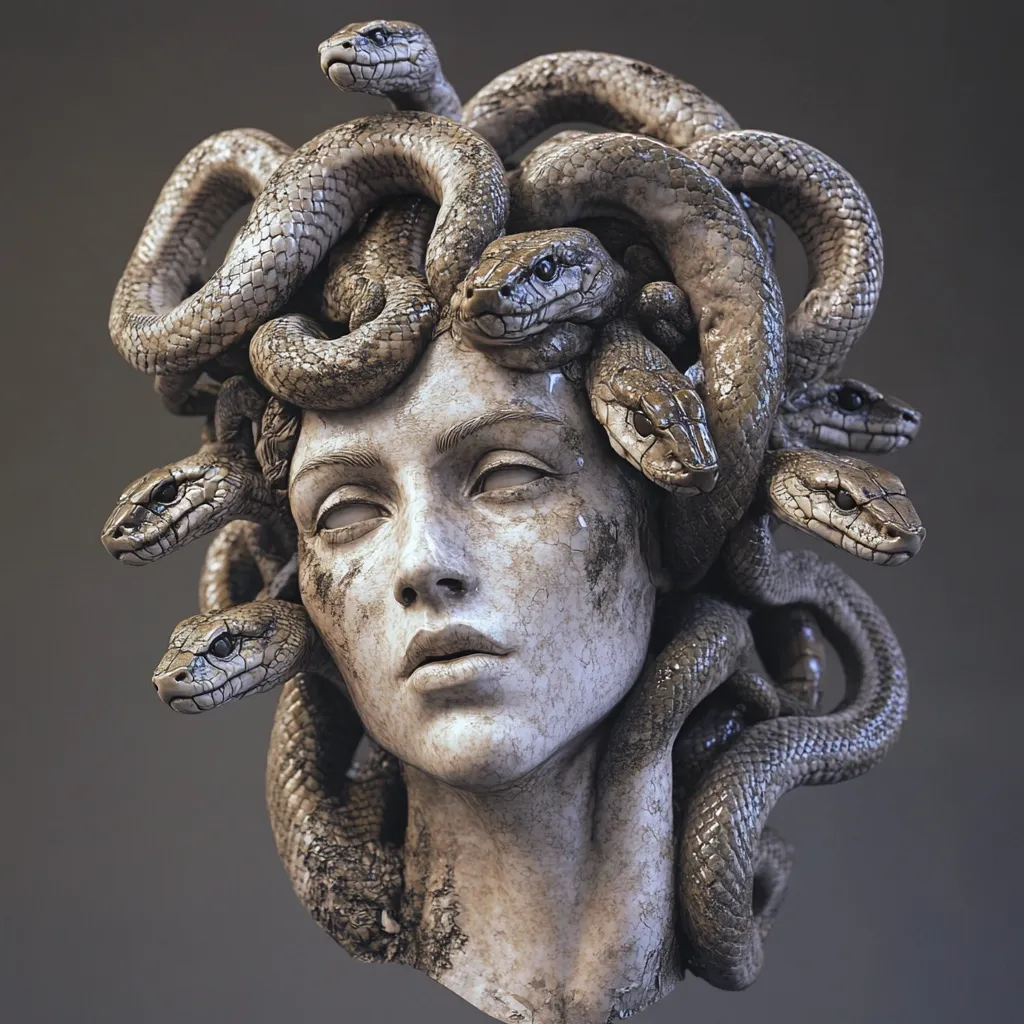 Here's a description of the image:

The image presents a detailed, three-dimensional rendering of Medusa, the Gorgon of Greek mythology.  Depicted as a bust, her face is classically sculpted with a serene yet tragic expression.  Her hair is a mass of intricately detailed, interwoven snakes, their scales and textures realistically rendered.  The overall style blends classical statuary with a slightly weathered, almost decaying texture, giving the piece a sense of age and somber beauty.  The background is a muted grey, allowing the sculpture to be the focal point.