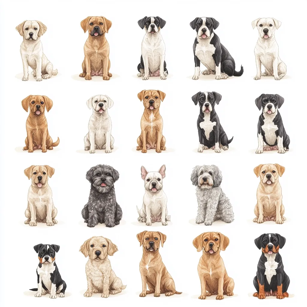 This image showcases a grid of twenty diverse dog breeds, each meticulously illustrated in a watercolor style against a white background. The dogs are depicted in a seated position, facing forward, offering a clear view of their distinct features and coat variations. The breeds range from small to medium-sized, and the color palette includes various shades of brown, white, black, and tan. The overall composition is neat and visually appealing, creating a collection of charming canine portraits.