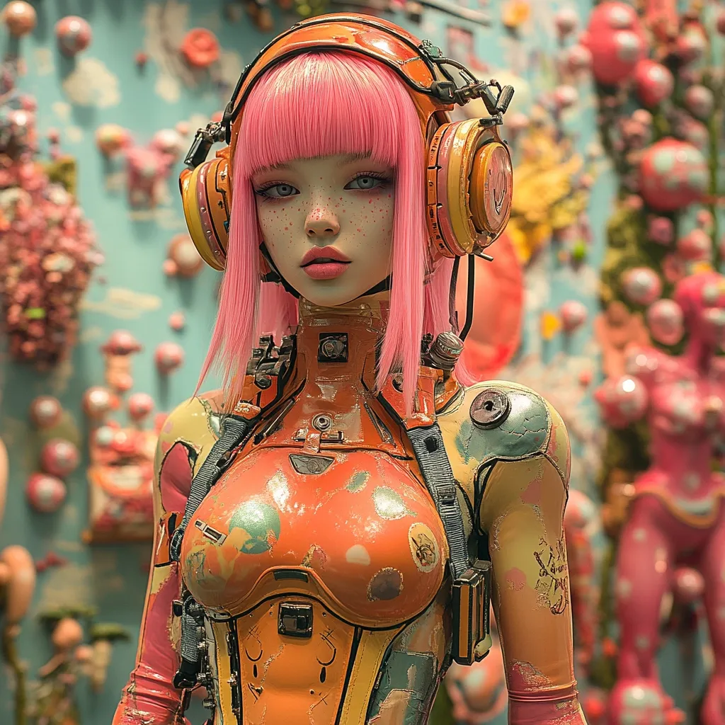 A digital rendering depicts a female cyborg with vibrant pink hair, wearing a worn orange and pastel-colored exoskeleton.  She sports large, orange headphones and has a soft, almost doll-like face with subtle freckles. The background is a blurred, whimsical array of pastel-colored, organic forms, creating a surreal and dreamy atmosphere. The cyborg's outfit shows signs of wear and tear, adding a touch of realism to the otherwise fantastical image. The overall style is a blend of anime and cyberpunk aesthetics.