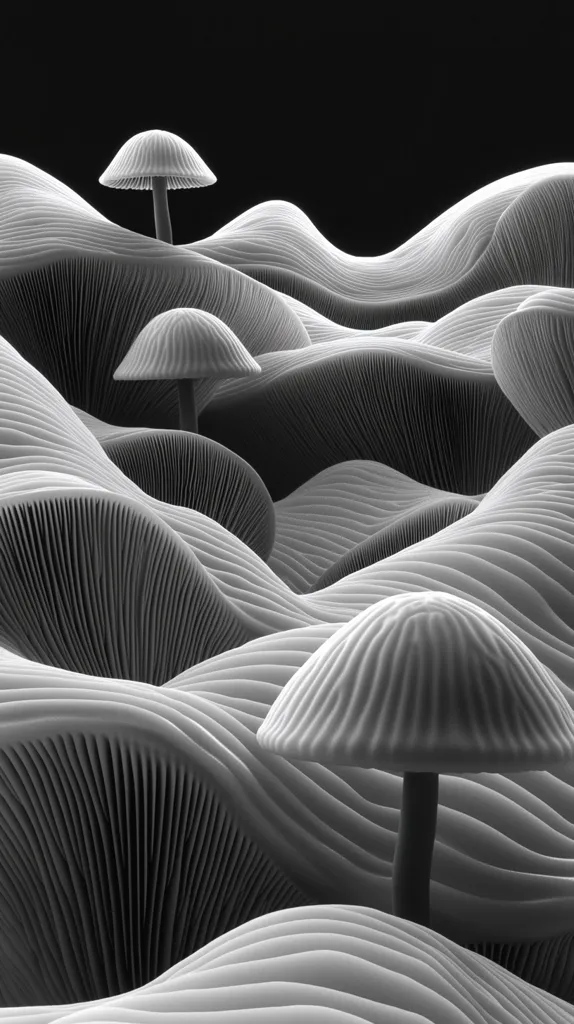 Here's a description of the image:

The image is a monochrome, close-up view of a stylized mushroom landscape.  Numerous mushroom caps, varying in size, rise from a undulating, textured surface that resembles a series of flowing, ribbed hills or waves. The mushrooms and the ground are rendered in shades of gray, creating a high-contrast, almost sculptural effect. The background is pure black, making the light gray forms stand out starkly. The overall impression is one of serene yet surreal beauty.