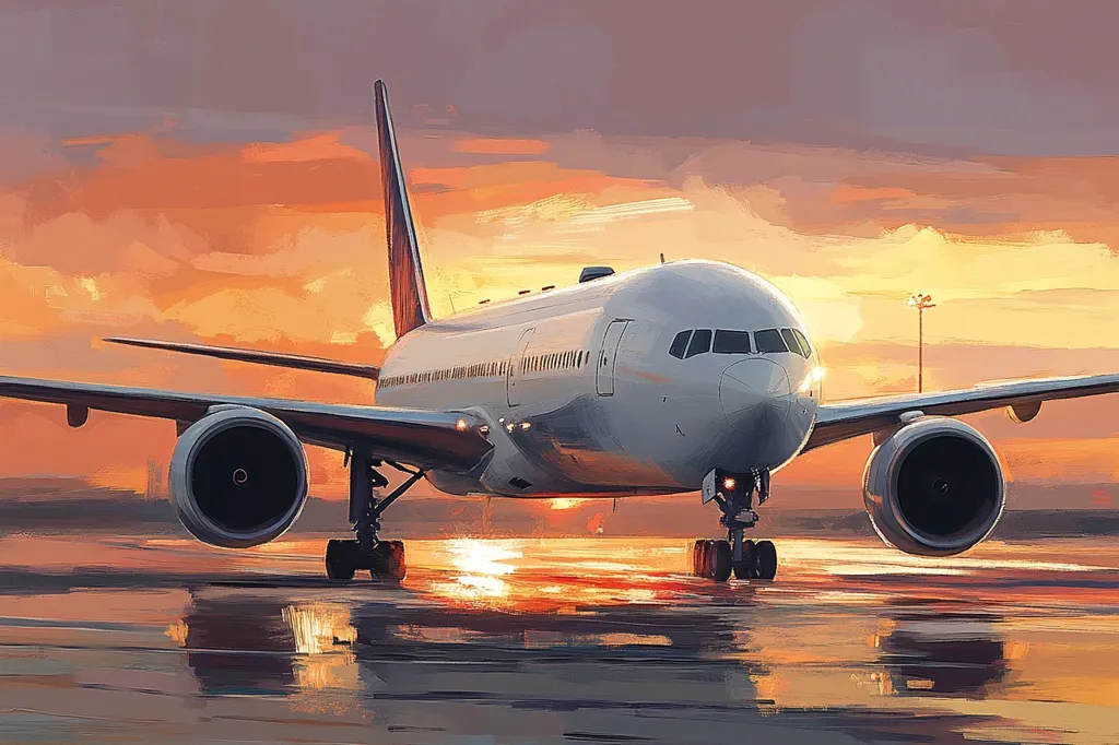 A large passenger airplane sits on a runway at sunset. The aircraft is predominantly white with a red tail, facing the viewer. The setting sun casts a warm orange and yellow glow across the sky and reflects on the wet tarmac.  The scene is painted in a stylized manner, with visible brushstrokes creating a sense of movement and energy. The overall mood is peaceful yet dynamic, conveying a sense of travel and arrival.