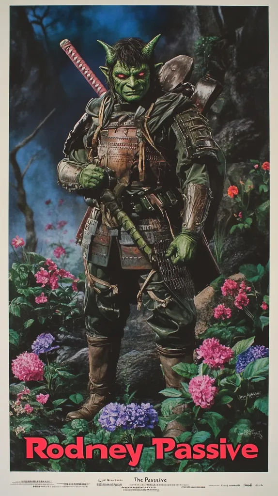 Here's a description of the image:

The poster features a striking illustration of Rodney Passive, a green-skinned oni (Japanese demon) in samurai armor. He stands amidst vibrant hydrangeas, a katana strapped to his back. His expression is serious, and his attire includes a dark cloak and sturdy boots.  The background is a moody, dark forest.  The artist's signature is subtly placed in the lower right corner.  The title "Rodney Passive" is prominently displayed in bold, red lettering at the bottom. The overall aesthetic blends fantasy, Japanese folklore, and a slightly gritty, realistic style.
