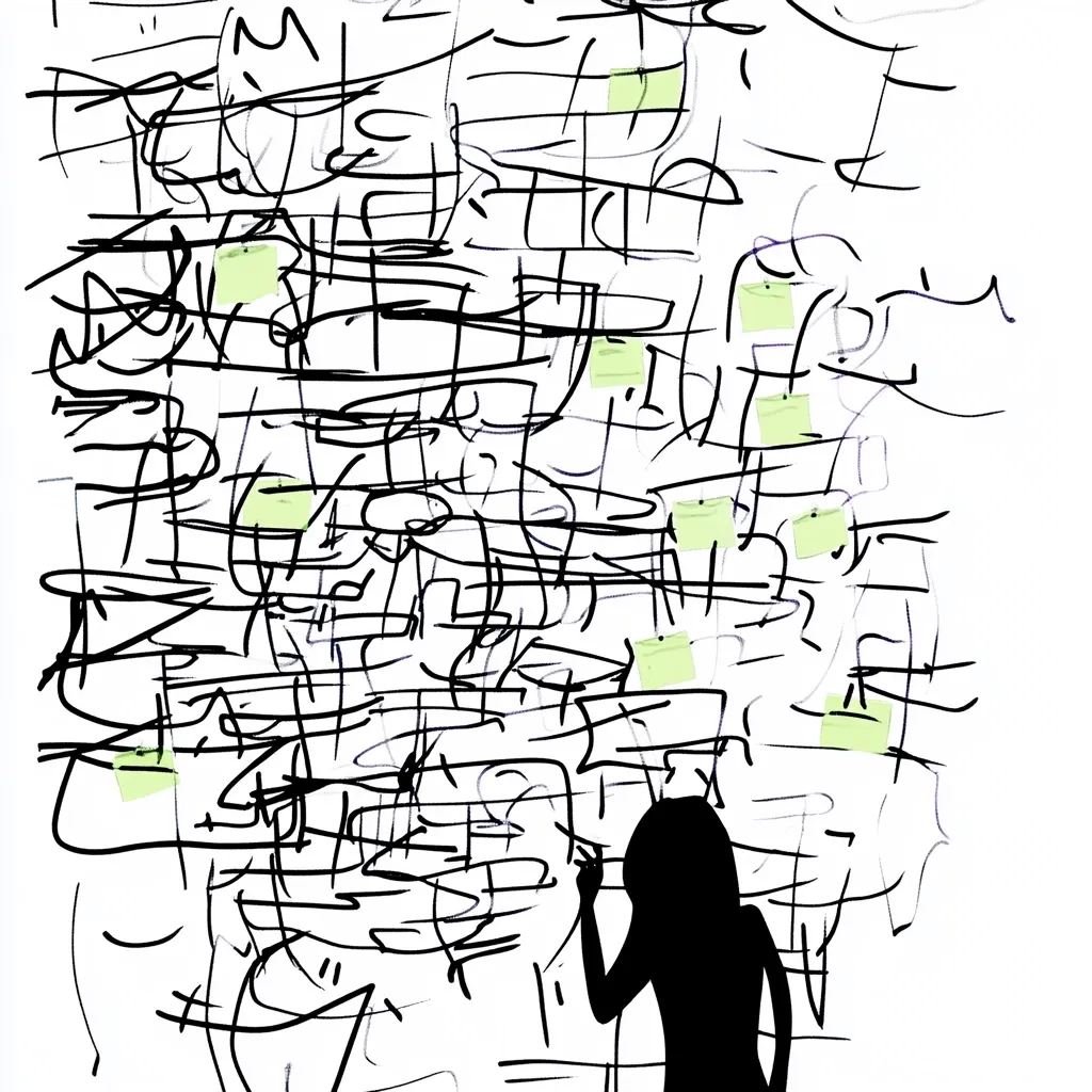 The image depicts a person's silhouette adding to a chaotic jumble of black lines and scribbles on a white wall.  Numerous pale yellow sticky notes are scattered amongst the markings, suggesting notes or ideas. The overall impression is one of overwhelming complexity, possibly representing a brainstorming session or the feeling of being overwhelmed by numerous tasks or thoughts.  The contrast between the defined silhouette and the chaotic background emphasizes the individual's engagement within the complex situation.
