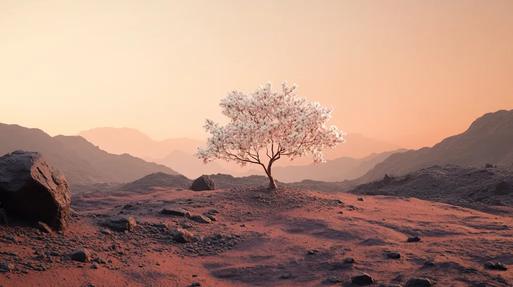 A solitary, blossoming tree stands in a desolate, rocky landscape at sunset.  The tree, with its white flowers, contrasts sharply against the reddish-brown earth and distant, hazy mountains. The scene evokes a sense of isolation and resilience, a single point of life amidst a barren expanse.  The soft, warm light of the setting sun bathes the scene in a peaceful, almost ethereal glow.