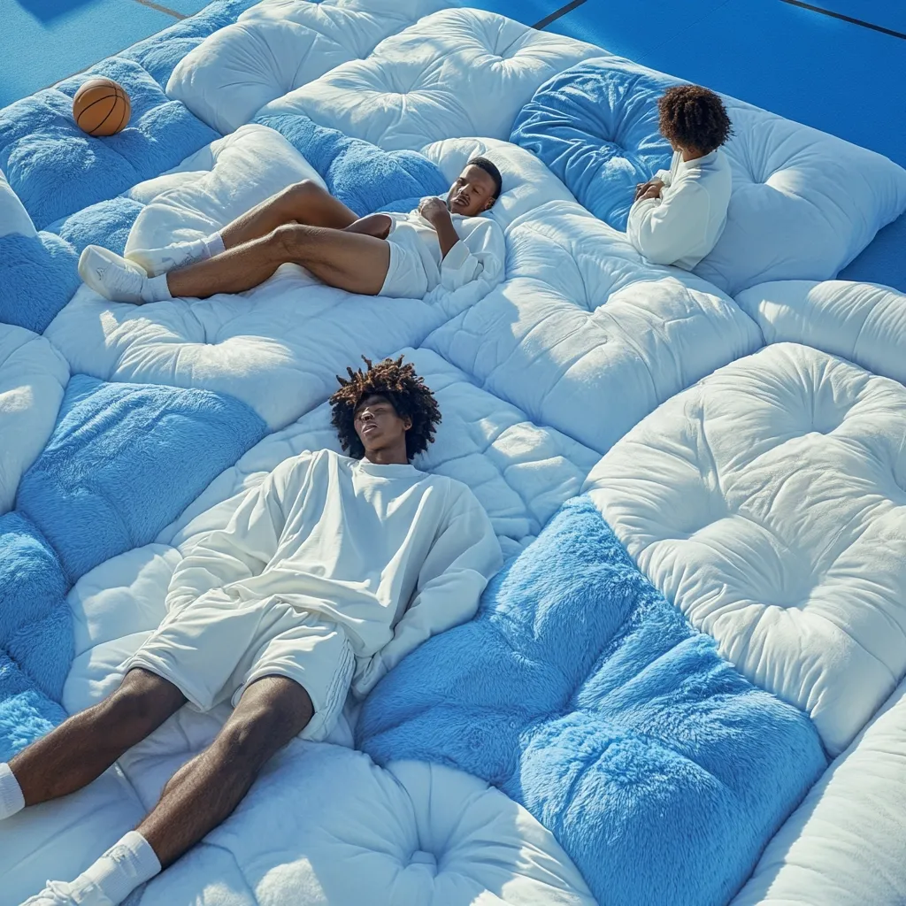 Three young men relax on a large, plush surface composed of numerous quilted, light blue and white cushions.  They are dressed in white loungewear. One man lies stretched out, another is sitting up, and a third is lying down with his eyes closed.  A basketball rests near one of the men.  The overall scene is one of casual comfort and repose against a bright blue background.