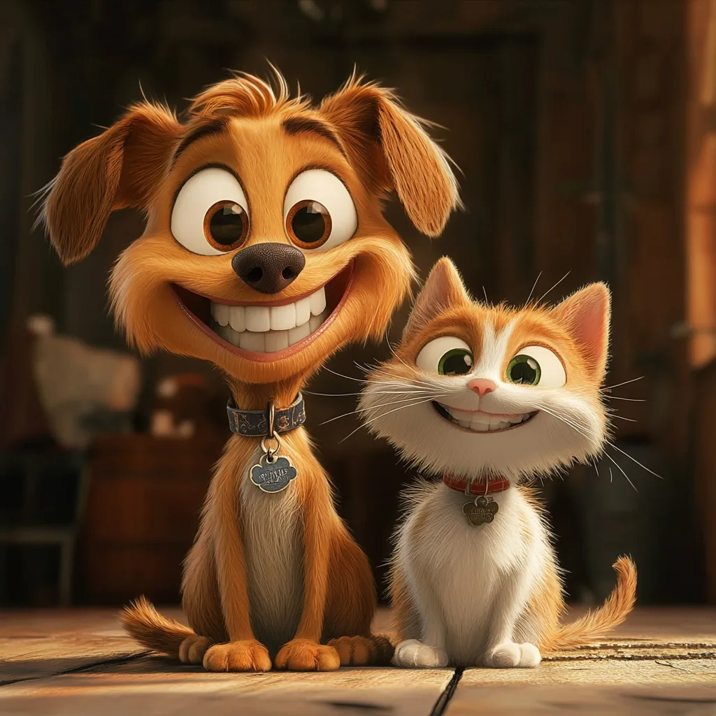Here's a description of the image:

The image shows a charming cartoon depiction of a friendly golden-brown puppy and an orange and white kitten sitting side-by-side on a wooden floor. Both animals are characterized by large, expressive eyes and wide, happy smiles. The puppy wears a dark blue collar with a personalized tag, while the kitten has a red collar with a similarly styled tag. Their fur is realistically rendered, showcasing soft textures. The background is blurred, suggesting a rustic interior setting, focusing attention on the adorable duo.  The overall mood is lighthearted and cheerful.