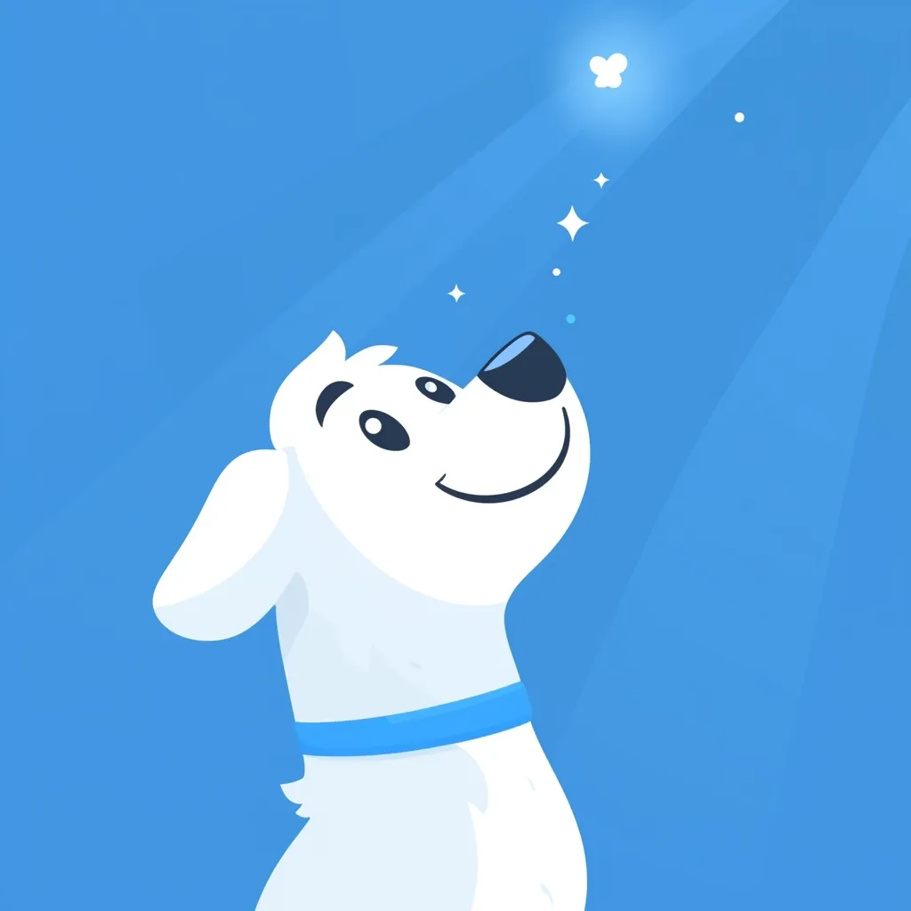 Here's a description of the image:

The illustration features a cartoon white dog, depicted in a minimalist style, gazing upwards with a joyful expression.  It wears a light blue collar.  Above the dog, small, sparkling lights ascend towards a larger, brighter light, suggesting a whimsical, hopeful scene. The background is a solid, light blue, with sunbeams radiating from the upper right. The overall style is clean, cheerful, and evokes a sense of wonder.