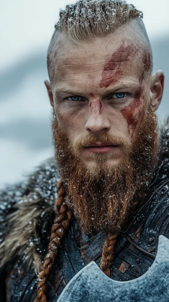 Close-up portrait of a fierce-looking Viking warrior.  His face is partially obscured by a thick, reddish-brown beard and braided hair, dusted with snow.  Atop his head is a mohawk-style haircut.  Blood streaks mark his forehead, adding to his battle-hardened appearance.  He's dressed in dark, textured clothing, suggesting leather or fur, and a portion of an axe is visible at his side.  The overall impression is one of strength, resilience, and a harsh, snowy environment.