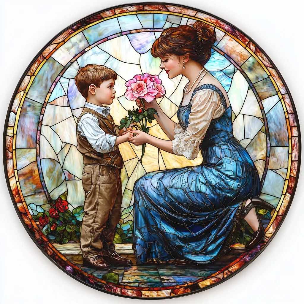 Here's a description of the image:

A circular stained-glass artwork depicts a tender scene between a mother and son. The woman, elegantly dressed in a flowing blue gown, kneels to receive a bouquet of pink roses from her young son, who is dressed in a brown suit.  The rich, jewel-toned colors of the glass create a luminous effect, highlighted by the interplay of light and shadow.  The intricate detailing in the stained glass extends to a border showcasing a variety of colors and patterns surrounding the central figures, adding depth and visual interest. The overall style evokes a sense of nostalgia and familial love.