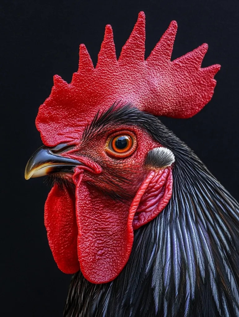 Here's a description of the image:

Close-up view of a rooster's head and neck against a stark black background. The rooster is predominantly black, with iridescent feathers showcasing a deep, almost purplish sheen.  Its comb and wattles are a vibrant, deep red, textured and appearing almost velvety. The rooster's eye is visible, a bright orange-red contrasting with the dark feathers. The image focuses on the detail and texture of the rooster's features, creating a striking visual contrast between the black and red. The lighting is dramatic, highlighting the plumage and the rooster's features.