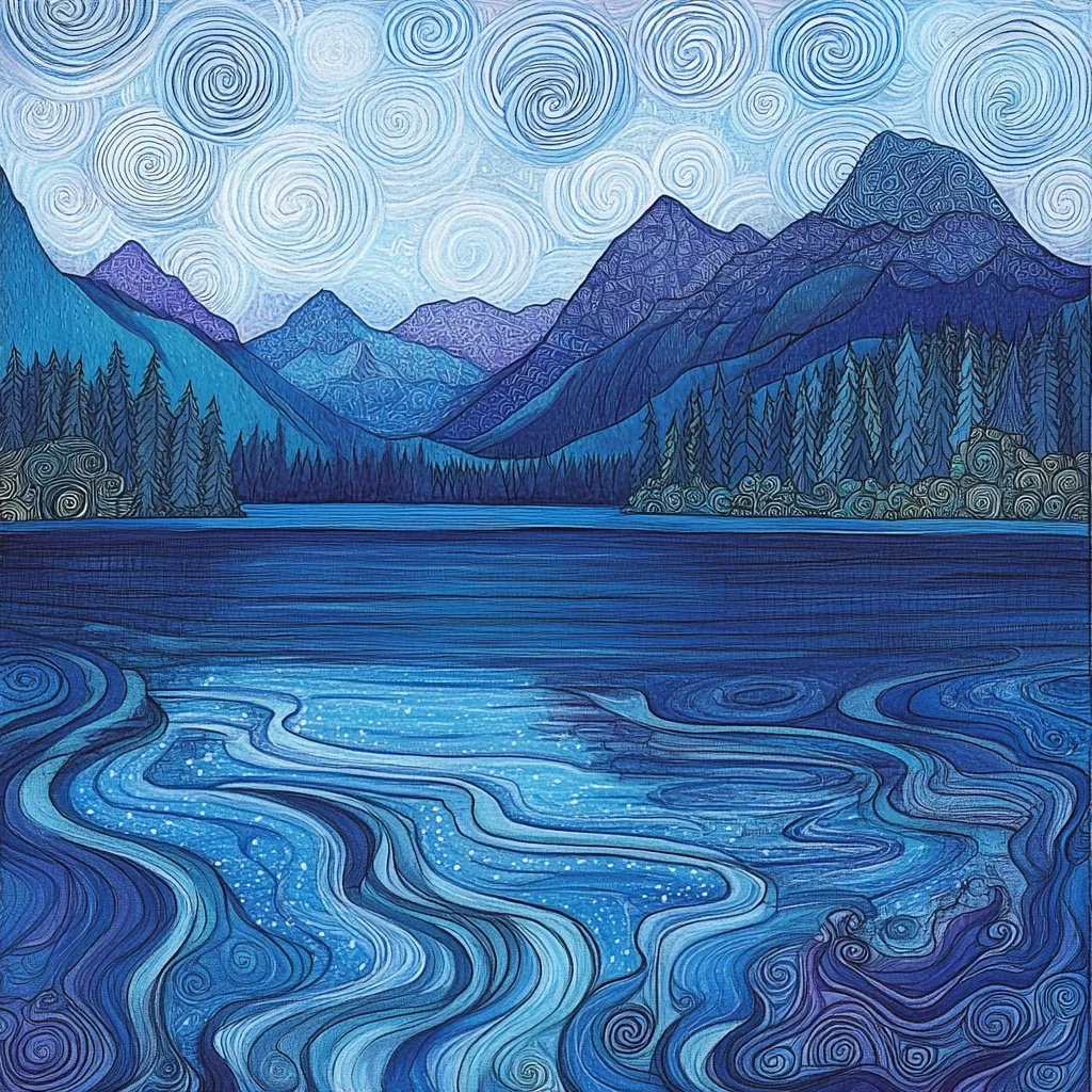 A stylized illustration depicts a serene lakeside scene at twilight.  The sky is filled with swirling, light blue circles, contrasting with dark blue, intricately detailed mountains.  A line of evergreens borders the tranquil lake, its surface rendered in swirling, textured blues suggesting gentle currents and glistening water.  The overall effect is a calming, almost meditative image, with a focus on texture and pattern in a monochromatic blue palette.
