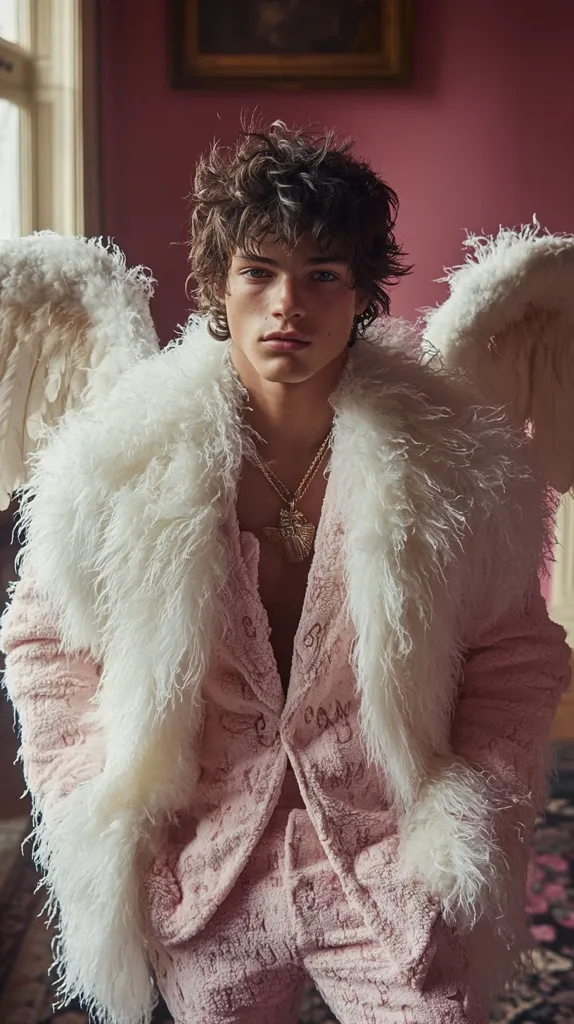 Here's a description of the image:

A young man with dark, curly hair poses in a pale pink, textured suit.  The suit features a subtle pattern. He wears a large, fluffy white collar or stole that resembles angel wings extending beyond his shoulders. A gold necklace with a pendant is visible around his neck. The background is a muted pink room with hints of gold from a picture frame on the wall.  The overall aesthetic is soft, androgynous, and slightly whimsical.