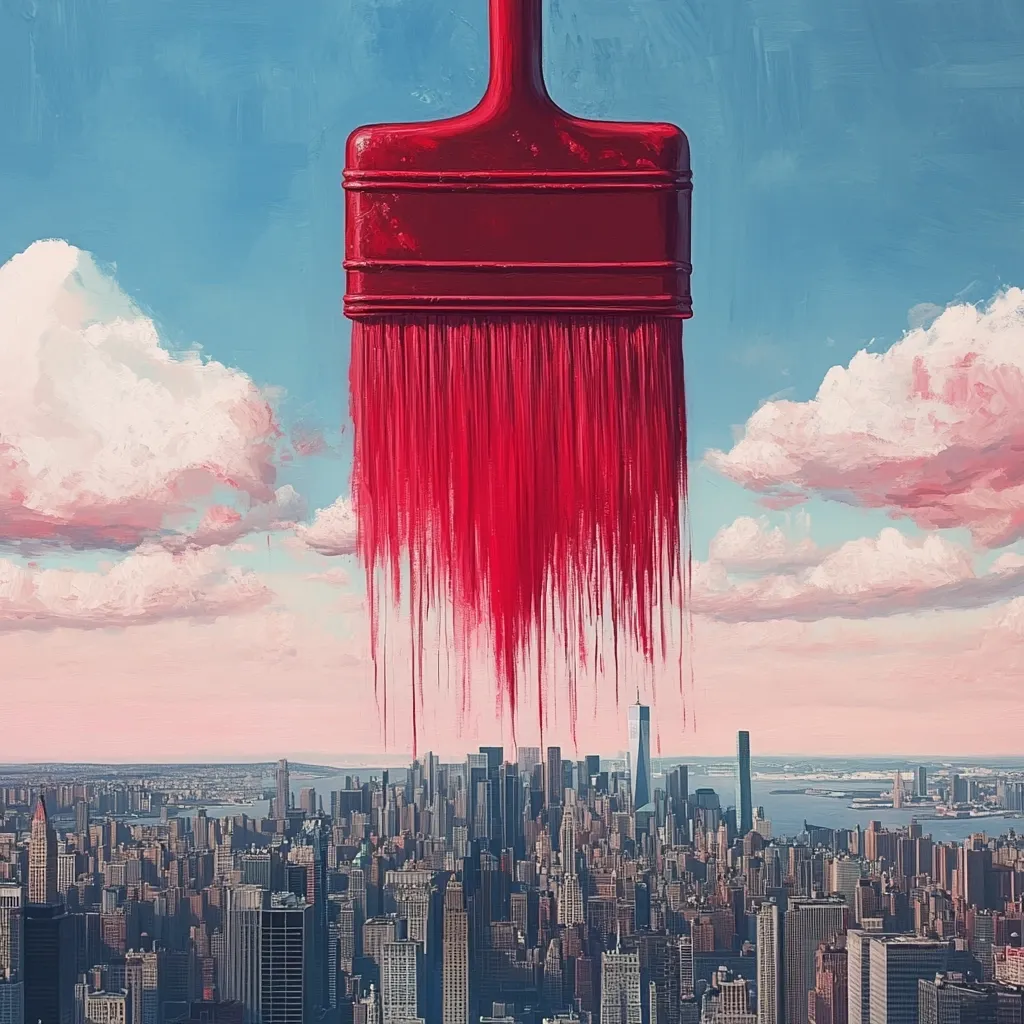 Here's a description of the image:

The artwork depicts a large, crimson paintbrush hanging vertically, its bristles dripping vibrant red paint.  The brush dominates the upper half, contrasting against a pastel sky dotted with fluffy clouds.  Below, a sprawling cityscape, reminiscent of New York City, stretches to the horizon, suggesting the paint is about to touch and transform the urban landscape. The overall style is painterly, with visible brushstrokes adding texture and depth. The scene evokes a sense of surrealism and creative potential, as if the city is about to be painted anew.