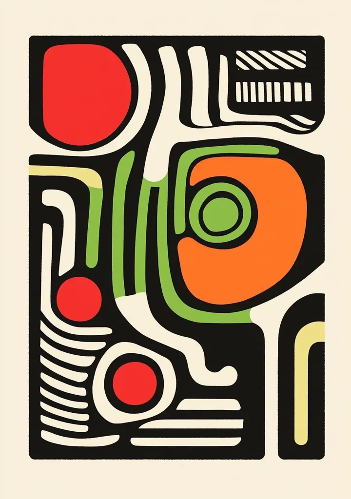 This is an abstract artwork featuring bold, geometric shapes and vibrant colors. The composition is dominated by a rectangular frame filled with interlocking forms in red, orange, green, and black, set against an off-white background.  Circles of varying sizes are integrated within the design, adding a playful contrast to the sharp lines and stripes.  The style suggests a blend of modern and possibly primitivist influences, creating a visually stimulating piece with a sense of energy and movement.