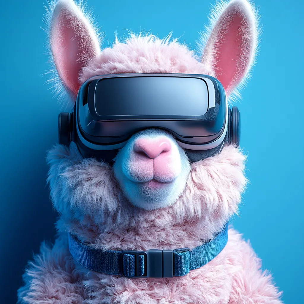 Here's a description of the image:

Close-up view of a fluffy, pink alpaca wearing a black virtual reality headset. The alpaca's expression is serene and slightly amused. It has a dark blue collar around its neck. The background is a solid, bright blue. The image is digitally rendered, giving the alpaca a soft, almost plush appearance. The overall style is playful and whimsical, suggesting a modern, tech-savvy take on a traditional animal.