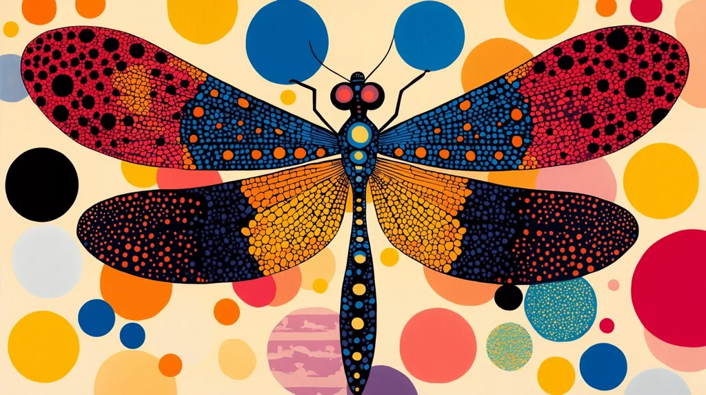 Here's a description of the image:

The artwork depicts a stylized dragonfly, its wings intricately patterned with vibrant colors—red, orange, blue, and black—arranged in a pointillist style.  Each wing is a mosaic of tiny dots, creating a textured effect. The dragonfly's body is similarly detailed and colored, with a long segmented abdomen. It is set against a background of multicolored circles of varying sizes and colors, creating a playful and energetic contrast. The overall style is bold, modern, and reminiscent of pop art.