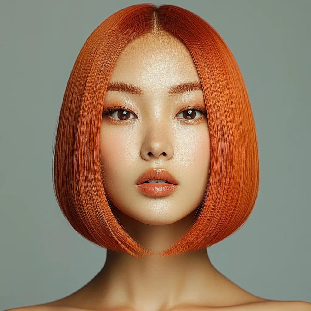 Close-up portrait of a young woman with vibrant, glossy, copper-orange hair styled in a blunt bob. Her makeup is subtly defined, emphasizing her flawless skin and dark eyes.  The overall aesthetic is clean, modern, and emphasizes the vibrancy of her hair color against a neutral background.  The image is sharply focused, highlighting the texture of her hair and the details of her face.