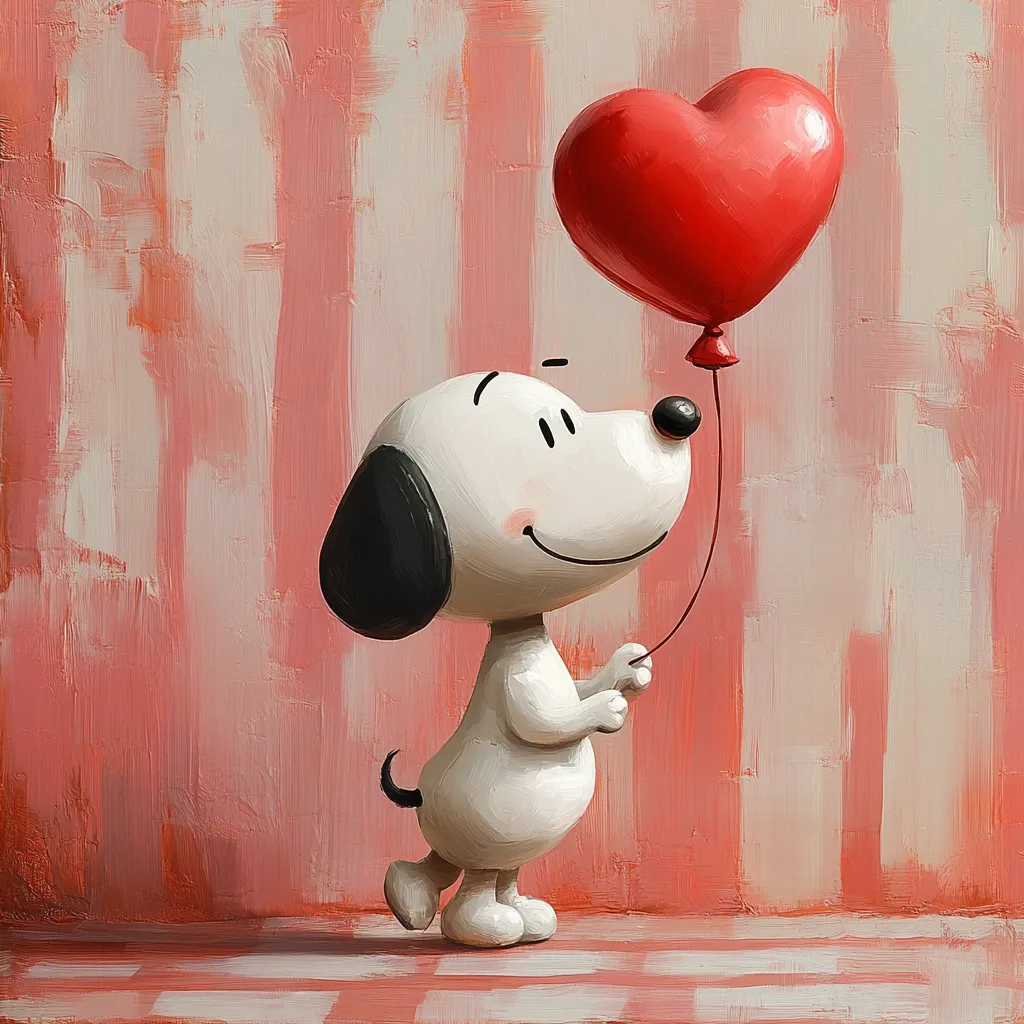 A charming illustration depicts Snoopy, the beloved beagle, standing against a blush-pink striped backdrop.  He holds a string attached to a large, red heart-shaped balloon.  Snoopy's expression is one of gentle happiness, enhancing the sweet and romantic mood of the painting. The artist's impasto style adds texture and depth, giving the image a warm, hand-painted feel. The overall impression is one of love and Valentine's Day sentiment.