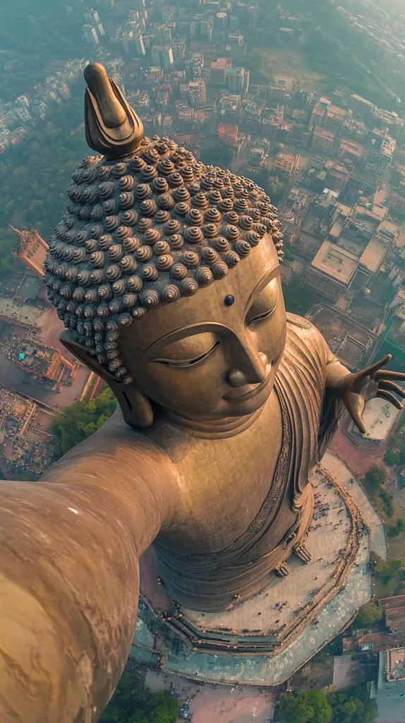 Here's a description of the image:

The image is a dramatic, high-angle shot appearing to be taken from a selfie perspective with a colossal golden Buddha statue. The statue's serene face and detailed ushnisha (topknot) are prominently featured. The Buddha's arm extends towards the viewer, creating a unique perspective. Below, a sprawling cityscape stretches out, revealing a vast urban area nestled amid greenery. The contrast between the monumental statue and the city below emphasizes the statue's immense size and prominence within its environment. The overall tone is one of peaceful grandeur and awe-inspiring scale.