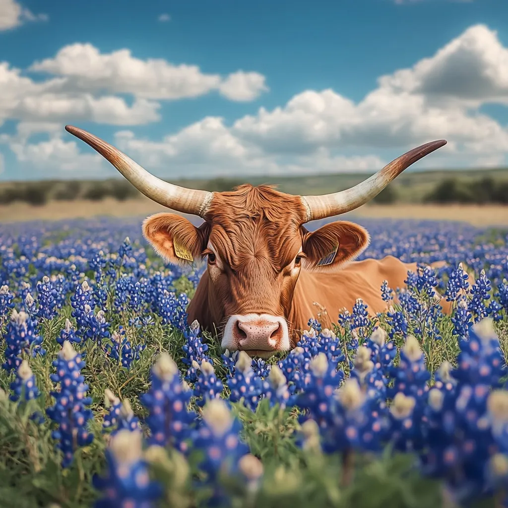 A Texas Longhorn cow, a rich reddish-brown, gazes directly at the camera from amidst a vibrant field of bluebonnets.  Its large horns curve gracefully outward, contrasting beautifully with the profusion of wildflowers. The sky is a bright, clear blue with fluffy white clouds, creating a picturesque Texan landscape. The cow's calm expression and the stunning floral backdrop make for a captivating image.