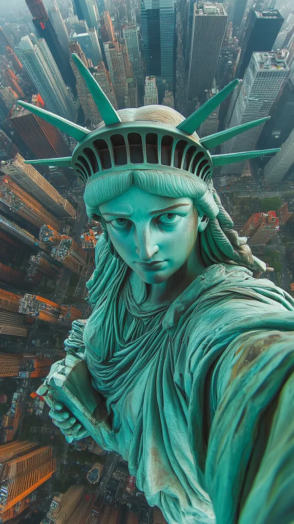 Here's a description of the image:

The image is a dramatic, bird's-eye-view selfie seemingly taken by the Statue of Liberty herself.  The viewer is looking down from her perspective,  seeing the sprawling cityscape of New York City spread beneath her. The statue's face is clearly visible, exhibiting a serious expression, and her robe's folds are textured and realistic.  The city’s skyscrapers and streets form a dense, intricate pattern, providing a stark contrast to the monumental scale of the statue.  The overall effect is awe-inspiring, combining iconic imagery with a unique and slightly unsettling viewpoint.