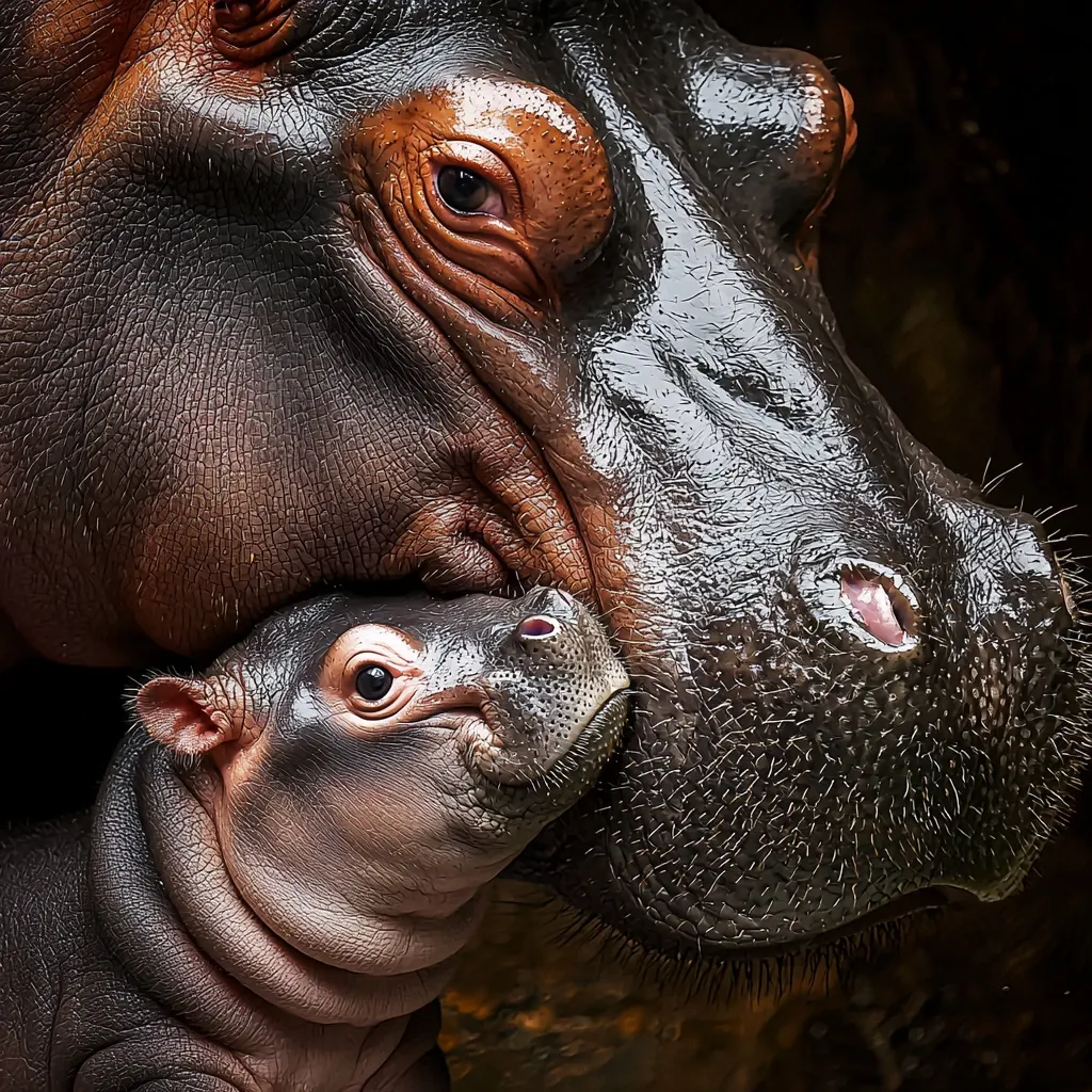 Here's a description of the image:

Close-up view of a pygmy hippopotamus calf nestled against its mother's side. The calf's pink skin and soft features are in stark contrast to the mother's darker, textured hide. The mother's eye is visible, conveying a sense of protectiveness.  The image focuses on the intimate bond between the two animals, highlighting the delicate features of the calf and the rough, powerful texture of the mother's skin.  The dark background emphasizes the subjects, creating a dramatic and heartwarming scene.