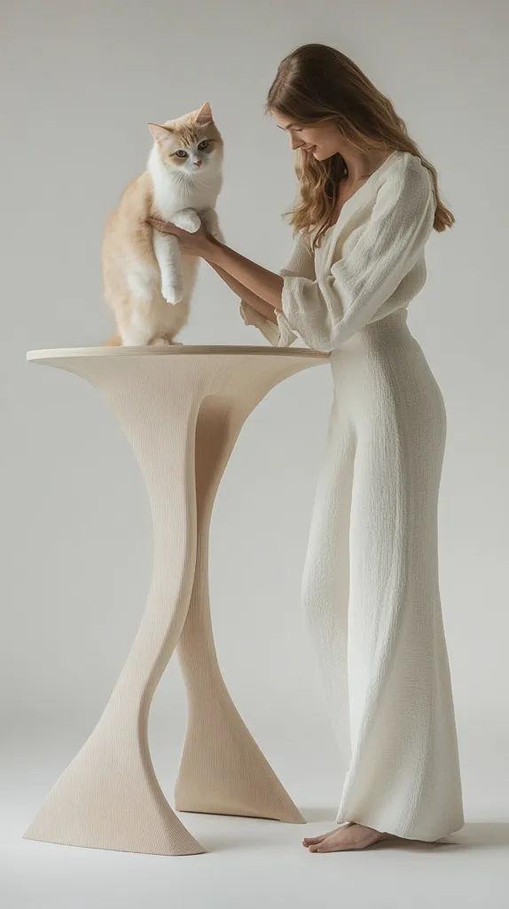 A young woman in a long, white, loose-fitting dress gently holds a cream and orange tabby cat.  She stands beside a uniquely sculpted, light beige side table with organic, flowing lines. The overall aesthetic is minimalist and serene, emphasizing soft textures and neutral colors. The scene is softly lit against a neutral background, creating a calm and elegant mood.