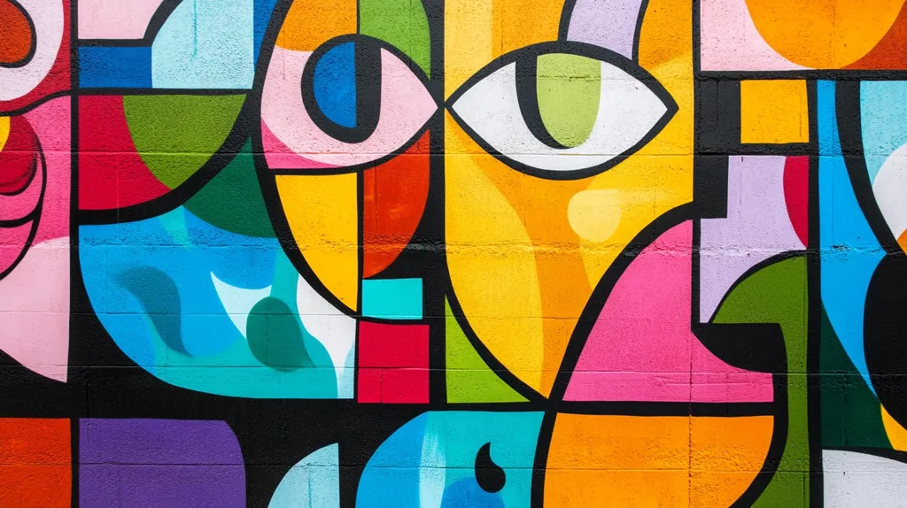 A vibrant mural explodes with color and geometric shapes.  Bold blocks of pink, orange, yellow, blue, and green interlock, creating a dynamic composition.  Stylized eyes, rendered in a similar bold palette, are central to the design. The artwork appears to be painted on a textured, block-like surface, possibly a brick wall, adding to the piece's urban feel.  The style is reminiscent of Cubism and Pop Art, showcasing a playful juxtaposition of shapes and colors.