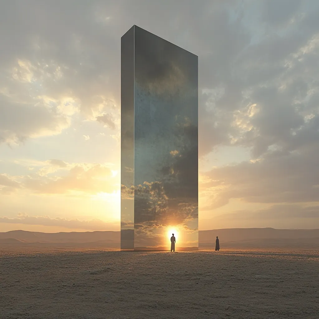 Here's a description of the image:

The image depicts a vast, flat desert landscape at sunset. A tall, dark, rectangular monolith stands in the foreground, its surface reflecting the fiery orange and yellow hues of the sky. The monolith appears smooth and mirror-like.  Two small, silhouetted figures stand near the structure; one is positioned directly in front of it, seemingly dwarfed by its size, while another stands a short distance away, observing. The setting sun is visible through the monolith, creating a dramatic contrast between the structure and the desert environment. The overall mood is one of mystery and awe.