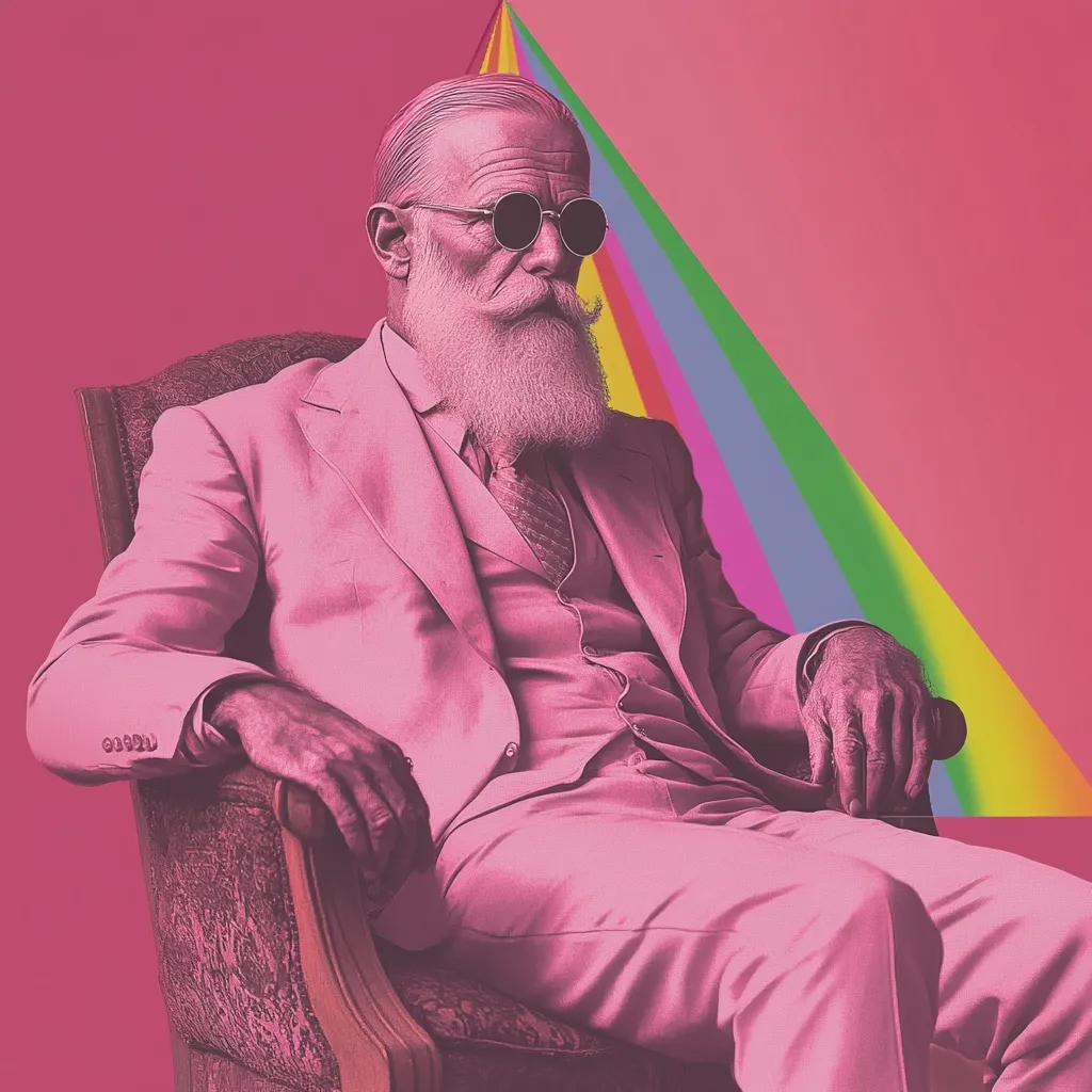 A stylish elderly gentleman with a long white beard and sunglasses sits in a plush armchair. He's dressed in a pink suit and vest, exuding sophistication.  A vibrant, multicolored triangle, reminiscent of a prism or rainbow, forms a backdrop, adding a surreal and artistic element to the image. The overall tone is bold and slightly whimsical, highlighting the subject's unique character and confident style.
