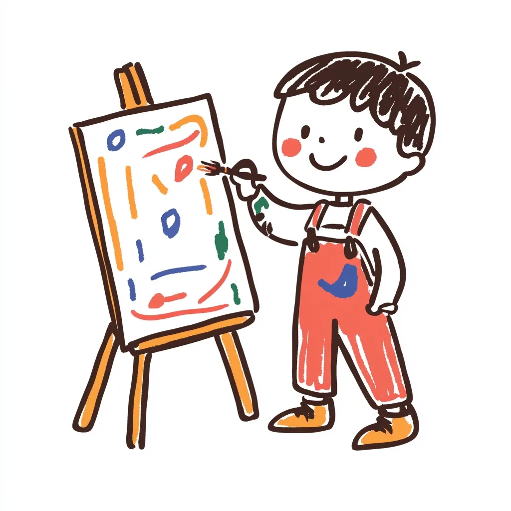 A cheerful young boy, wearing red overalls, stands before an easel. He's engrossed in painting, holding a paintbrush and adding colorful strokes to his abstract artwork. The canvas displays a vibrant mix of lines, shapes, and colors, reflecting a child's playful creativity.  The overall style is a loose, hand-drawn illustration with bold outlines and bright hues. The scene evokes a sense of joy and artistic expression.