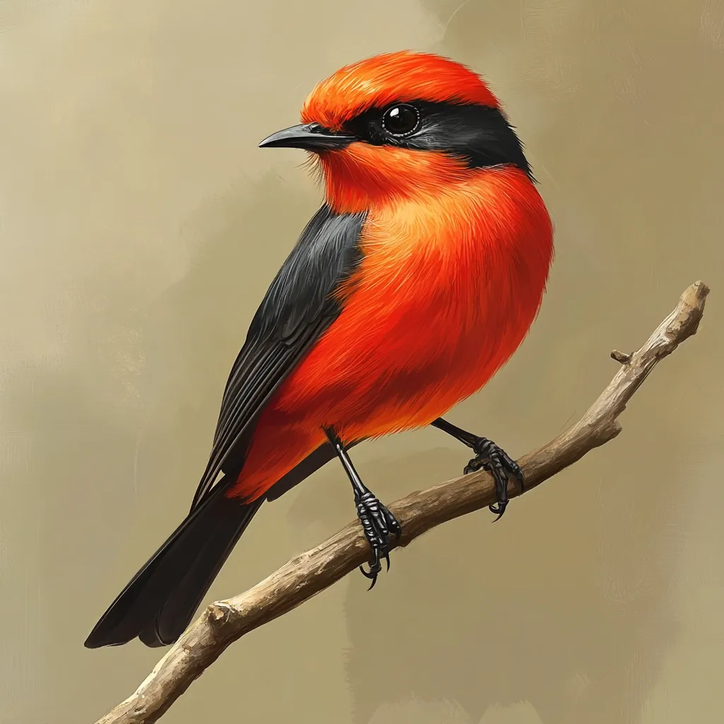A vibrant digital painting showcases a Vermilion Flycatcher perched on a slender branch.  Its plumage is a striking contrast of fiery orange-red on its body and wings, sharply offset by deep black on its head and tail.  The bird's dark eyes and sharp talons are clearly defined. The background is a muted, neutral tone, focusing attention on the bird's brilliant colors.  The overall style is realistic, capturing fine details in the bird's feathers.