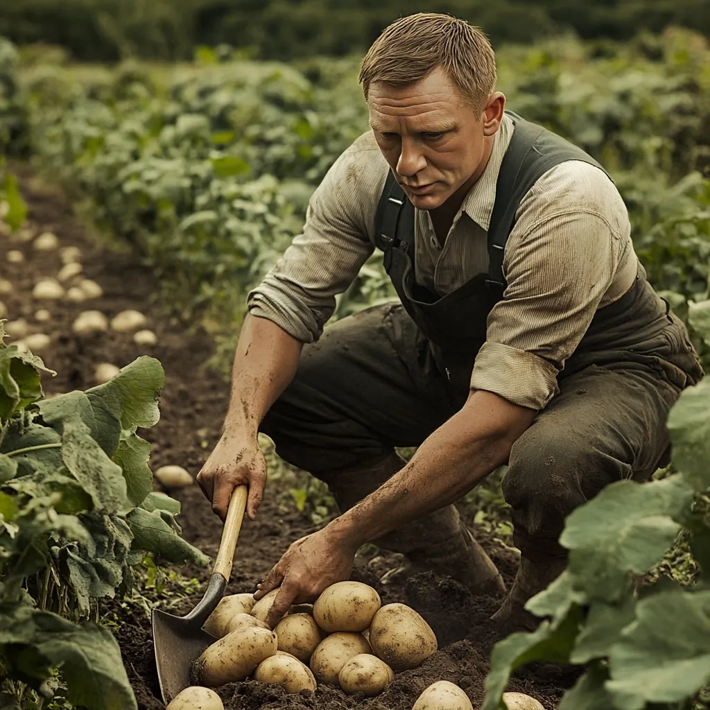 A man, possibly Daniel Craig, crouches in a potato field, his hands and clothes stained with mud.  He's carefully gathering a pile of freshly dug potatoes, using a shovel resting in the soil beside him. His focused expression and the overall setting suggest a scene from a film depicting rural life or historical farming practices.  The lush green foliage of the potato plants frames the scene.