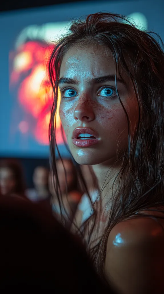Close-up portrait of a young woman with long, wet brown hair.  Her expression is one of shock or fear, her mouth slightly open.  Her skin is illuminated by a cool blue light, contrasting with a warm, blurred red background possibly a screen displaying an intense scene.  She appears to have some minor facial abrasions or markings, adding to the dramatic effect. The overall mood is tense and evocative.