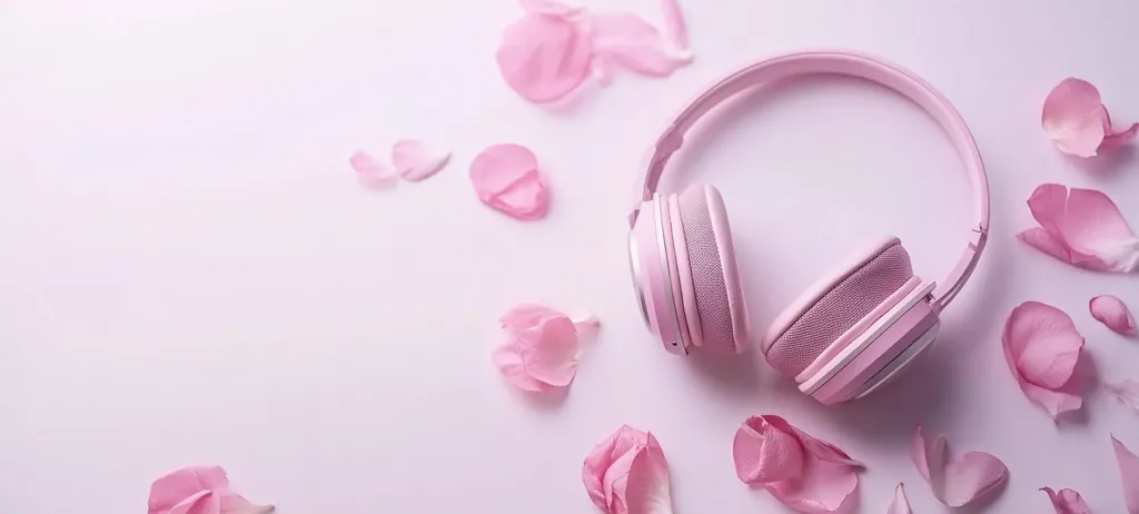 Here's a description of the image:

A pair of light pink over-ear headphones rests on a pale pink background, scattered with delicate pink rose petals. The headphones are the central focus, with their soft color complementing the pastel backdrop and floral accents. The overall aesthetic is serene and feminine, suggesting themes of relaxation, calmness, and perhaps music appreciation in a peaceful setting. The image is well-lit and the colors are consistent, creating a visually appealing and harmonious composition.