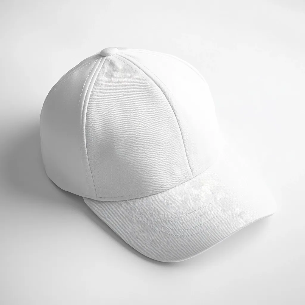 A plain white baseball cap is shown against a white background. The cap is made of a lightweight, textured fabric. It has a classic design with a curved brim and a structured crown. The image is simple and clean, highlighting the blank nature of the hat, suitable for showcasing branding or customization. The lighting is even, preventing harsh shadows.