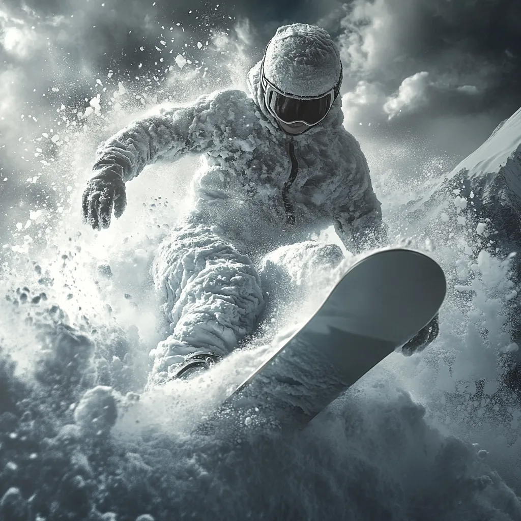 Here's a description of the image:

A snowboarder, heavily coated in snow, carves through a deep powder snow field.  The snowboarder is captured mid-air, their body angled, creating a dynamic sense of motion and speed.  The snow explodes around them in a flurry of white, contrasting against the dark, stormy sky. The overall mood is one of thrilling action and the raw power of nature. The image is predominantly monochrome, enhancing the dramatic effect of the snow and sky.