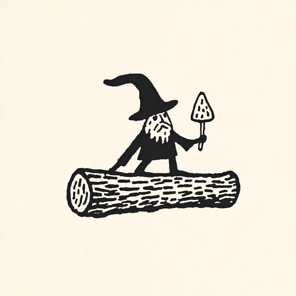 A whimsical black and white illustration depicts a small, bearded wizard in a pointed hat. He sits atop a large log, holding a mushroom-shaped object aloft. The style is simple, almost childlike, with bold outlines and hatched shading. The wizard's expression is serious, adding a touch of mystery to the overall playful tone of the image.  The background is a plain off-white, allowing the black figures to stand out prominently.
