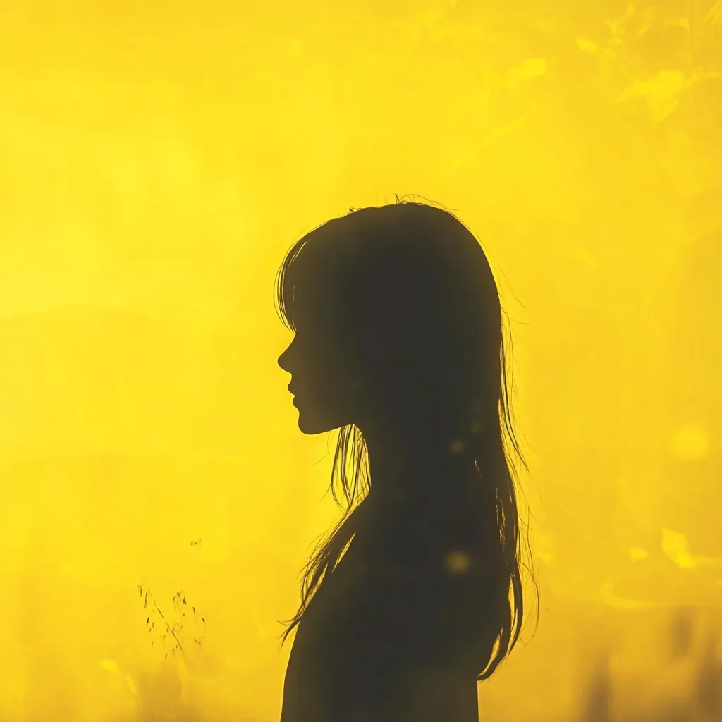 The image shows the silhouette of a young woman with long hair, her profile facing left.  She is set against a vibrant, saturated yellow background, possibly a sunset or a brightly lit wall.  The yellow is intense and almost washes out any details except for the stark black silhouette of the girl. The overall mood is serene yet slightly mysterious.  Small, light specks are visible in the yellow background, suggesting dust motes or perhaps a hazy quality to the light.