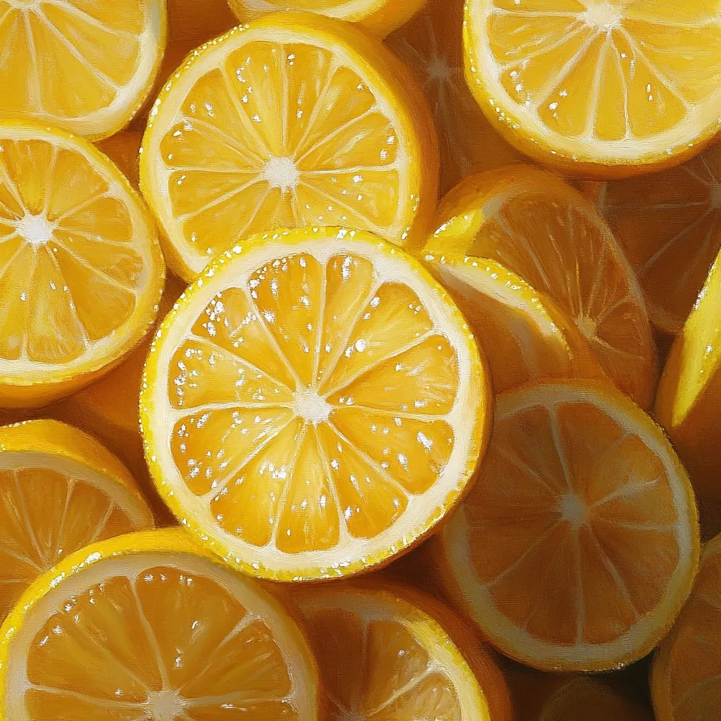 Here's a description of the image:

A close-up shot reveals a vibrant pile of lemon slices, meticulously arranged to showcase their juicy, sun-kissed interiors.  The slices are artfully layered, creating a textured and visually appealing composition. The artist's attention to detail is evident in the rendering of the lemon's segments, their translucent quality, and the subtle gradations of yellow and gold hues.  The overall effect is one of richness and abundance, suggesting freshness and summery vibrancy.